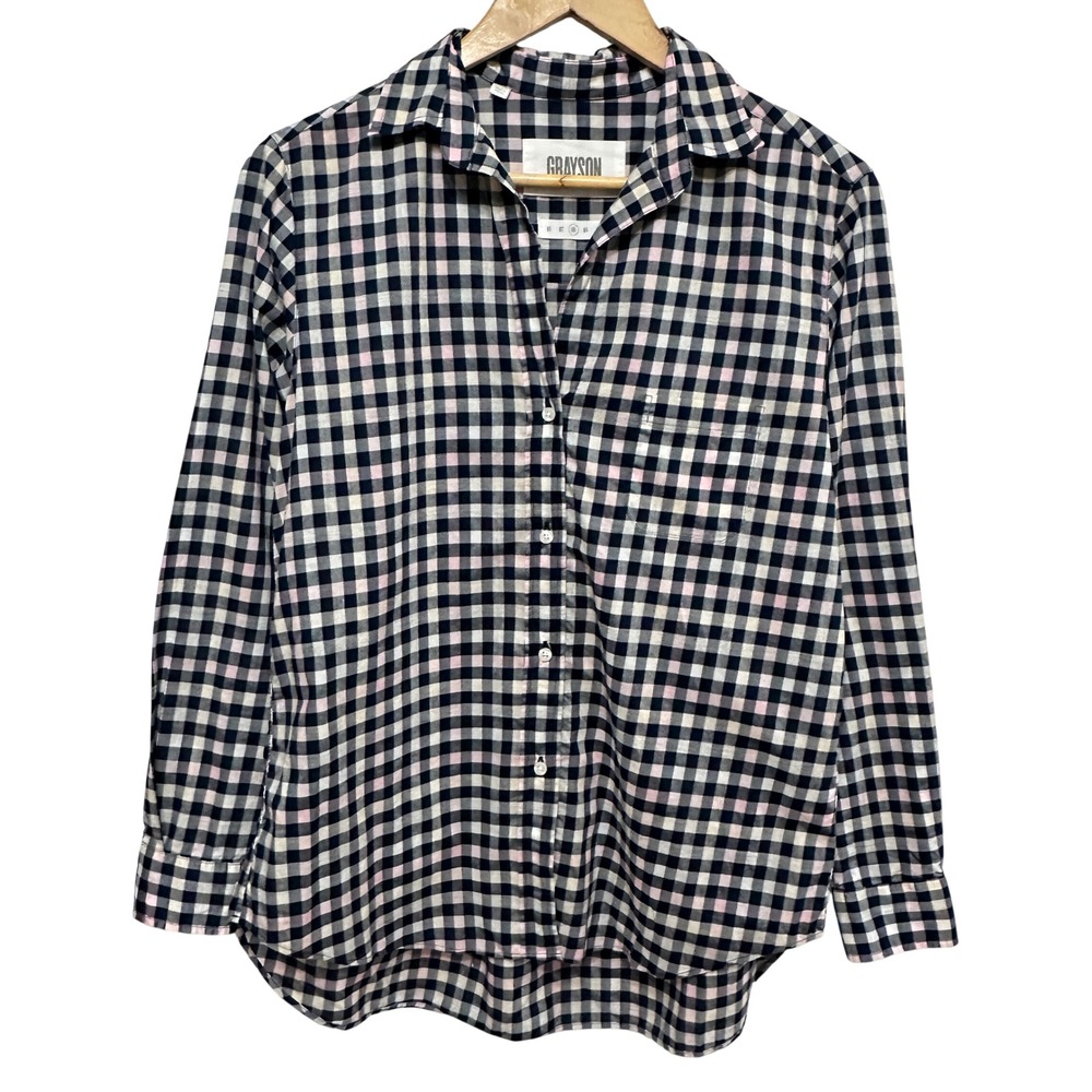 Grayson The Hero Button Down Women M Navy Pink Gingham Plaid Cotton Shirt Top